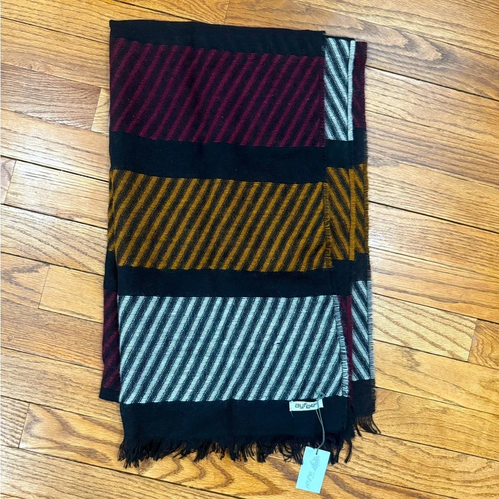 Handmade Italian Plaid Fringe Scarf Black Burgundy Mustard Oversized Wool NEW